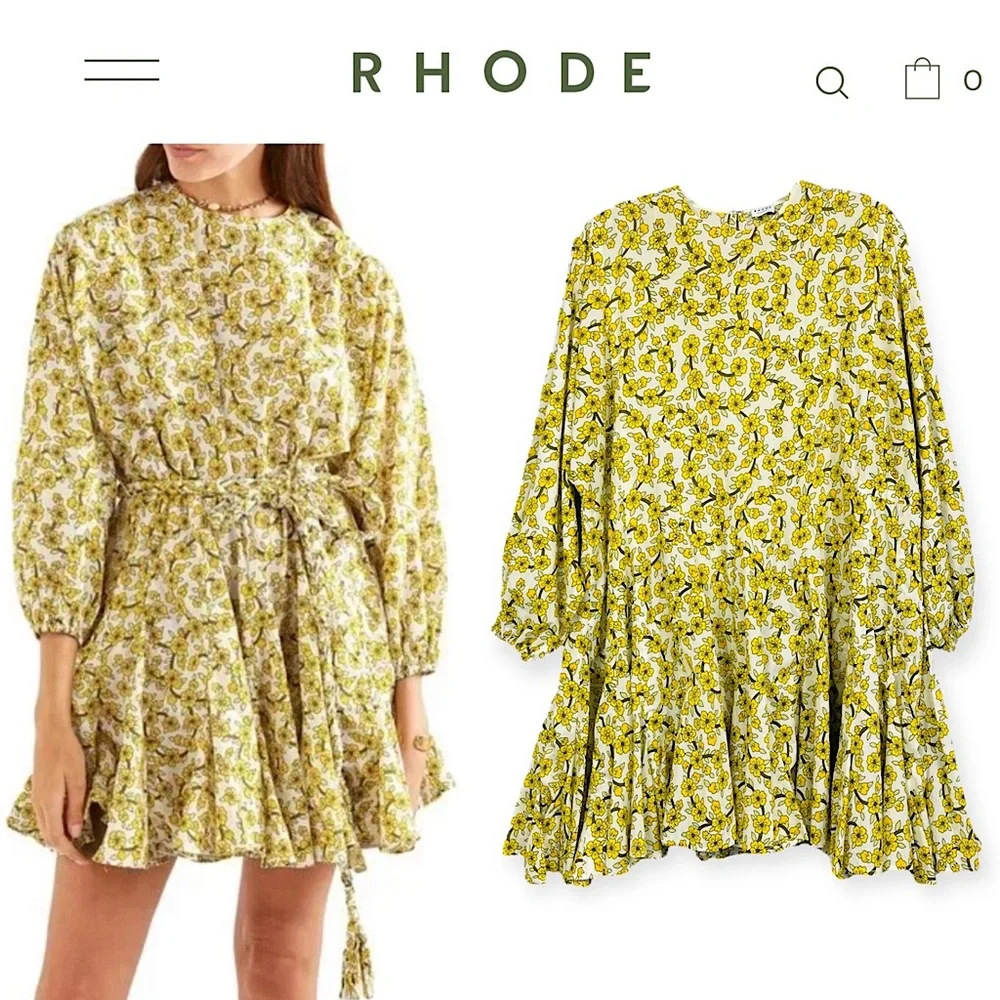 Rhode Resort Ella Yellow Floral Print Cotton Poplin Mini Dress M Boho No Belt - Picture 2 of 14